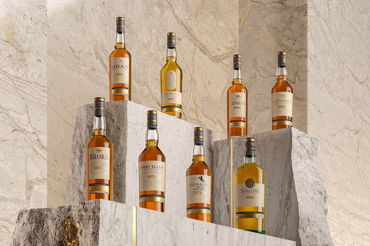 collection of whiskies displayed in a rock