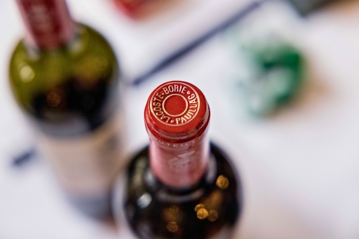 Bottle of wine seen from the top with a red seal