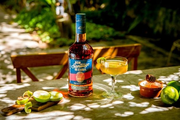 Bottle next to cocktail on a sunny table
