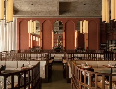 A wide view of inside of a restaurant