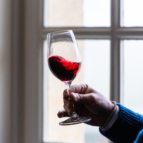 Glass of wine held in front of a window