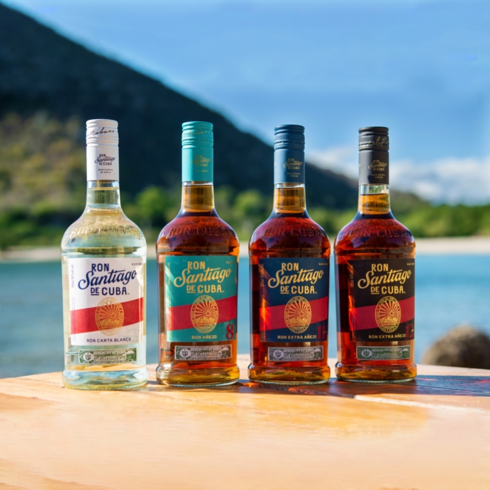A row of different types of Ron Santiago de Cuba rums