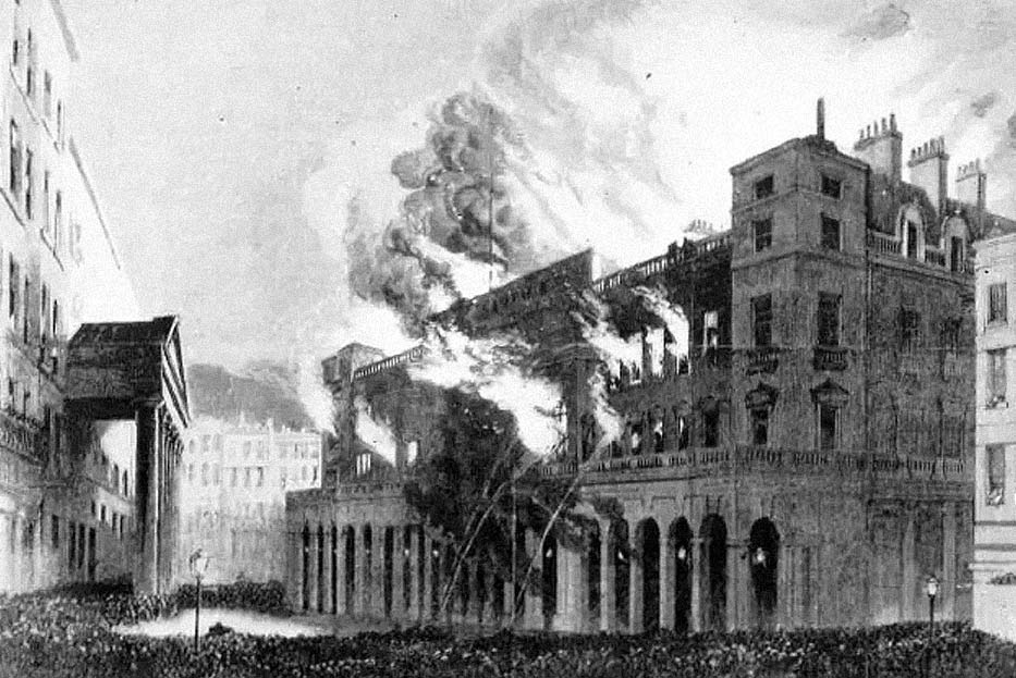 Black and white drawing of building on fire
